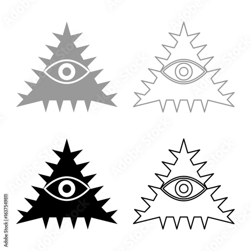 Mason symbol occult emblem of masonic Illuminati triangle all seeing eye of vision providence sacred sign in pyramid in triangle secret concept set icon grey black color vector illustration image 