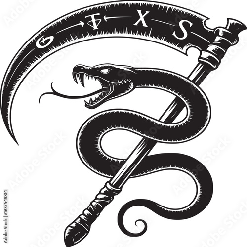 Black and white illustration of a snake wrapped around a scythe with gothic lettering on top edge