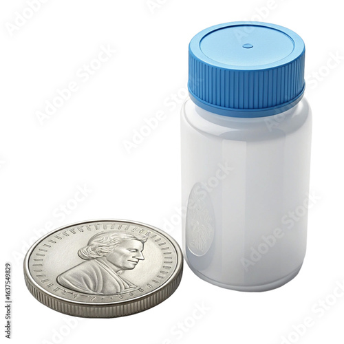 Modern medicine bottle and silver coin symbolizing healthcare costs and pharmaceutical innovation