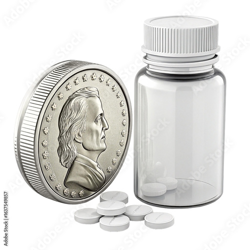 Silver coin and empty pill bottle with scattered tablets symbolize healthcare costs and pharmaceutical industry.