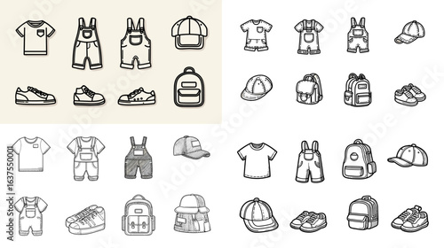 Minimalist kids clothing and accessory line icon set featuring shirts, overalls, hats, shoes, and backpacks in playful outline style.