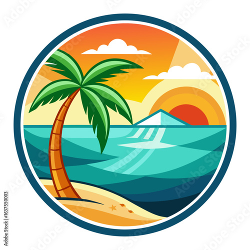 Vector art of vibrant tropical island beach scene at sunset with a single palm tree, evoking a sense of paradise and vacation
