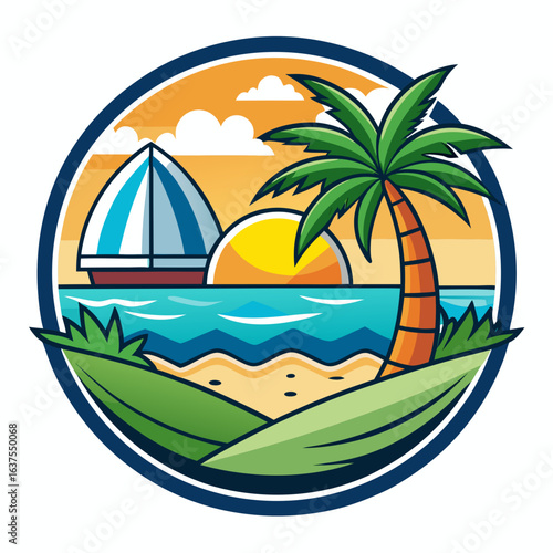 Vector art of idyllic tropical beach setting with a lone palm tree, gentle ocean waves, a sailboat on the horizon, and a warm sunset over the water, evoking pure serenity