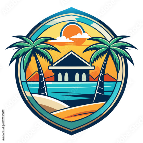 Vector art of vibrant tropical island scene with palm trees, sandy beach, calm ocean water, and a colorful sunset, showcasing a modern beach house architectural design