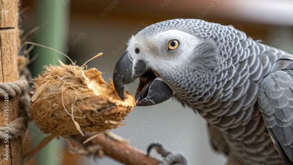 Fototapeta premium Gray parrot eating natural nesting material in wildlife setting
