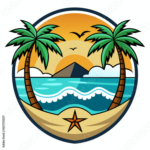 Vector art of vibrant illustration of two palm trees framing a tropical beach scene with a sunset over the ocean, featuring a starfish on the sand, within a circular emblem