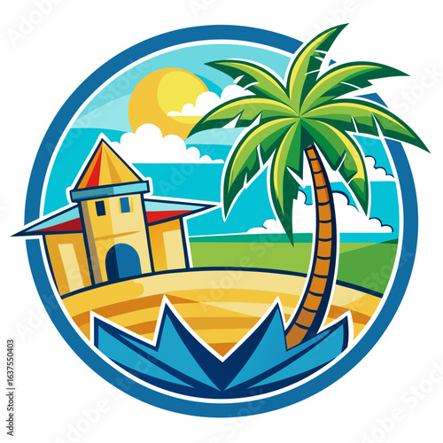 Vector art of stylized illustration of a tropical island scene with a building, palm tree, sun, and clouds within a circular frame, evoking a sense of vacation and paradise