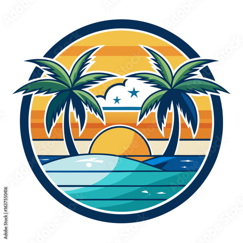Vector art of circular graphic depicting a serene tropical beach scene at sunset with two silhouetted palm trees, calm ocean waves, and a setting sun