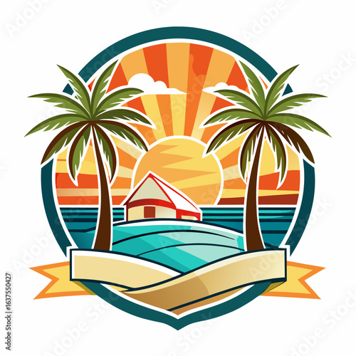 Vector art of vibrant circular emblem featuring two palm trees, a house, and a radiant sun over the ocean, symbolizing a perfect summer vacation destination