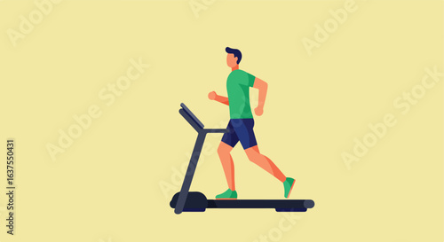 Person running on a treadmill against pale yellow background, fitness and exercise