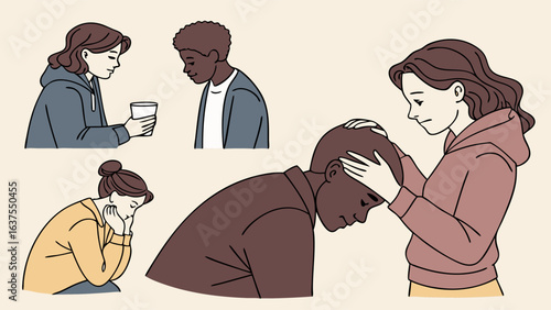 Illustration of People Experiencing Sadness Grief and Emotional Support.