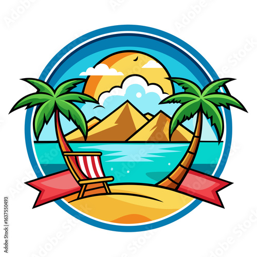 Vector art of circular graphic design of a tropical beach scene with palm trees, a lounge chair, mountains, and a bright sun, symbolizing a relaxing summer holiday