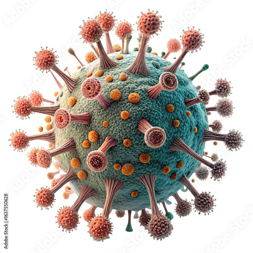 Intricate 3D model of a coronavirus particle with detailed spike proteins and surface textures