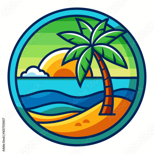 Vector art of vibrant circular illustration of a tropical beach scene with a palm tree, ocean waves, and a sunset or sunrise, evoking a sense of vacation and paradise