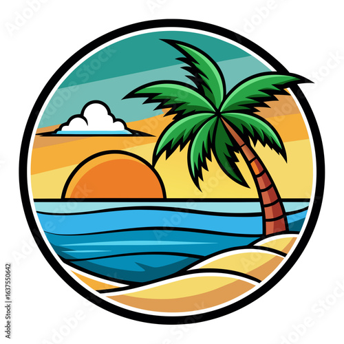 Vector art of circular emblem showcasing a serene tropical beach at sunset or sunrise, featuring a prominent palm tree, calm ocean waters, and a warm, inviting color palette