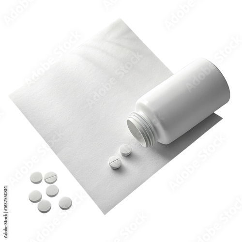 Professional white pill bottle spills medication onto clean surface, healthcare concept