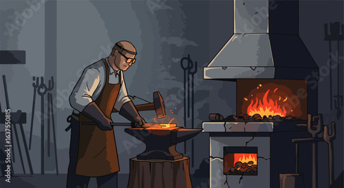 Blacksmith hammers glowing metal on anvil, fire burning in the forge, tools stand ready