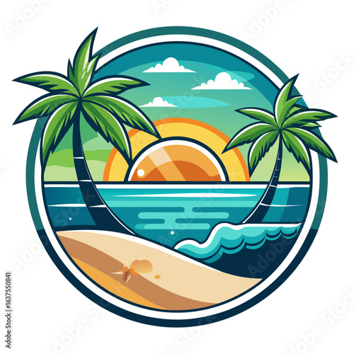 Vector art of vibrant tropical beach vista with two palm trees framing a sunlit ocean and sandy shore, perfect for a summer vacation or travel theme