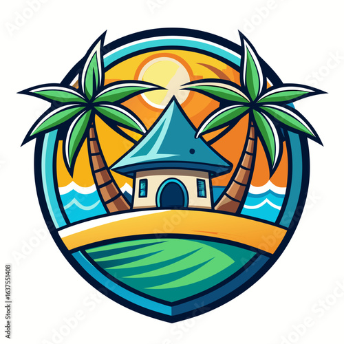 Vector art of tropical beach scene with a hut and palm trees under a sunset sky, representing a summer vacation and idyllic island getaway