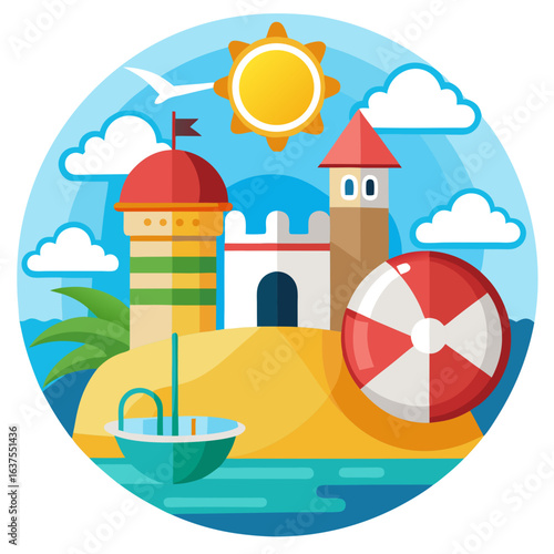 Vector art of summer beach vacation with a sandcastle, towers, beach ball, and sun, vector illustration in a circular frame, perfect for holiday and travel themes
