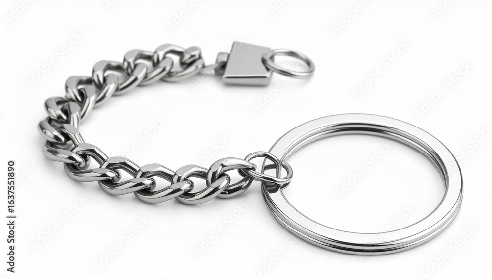 Polished metallic keychain with interlocked chain links, large circular ring and smaller clasp ring on white
