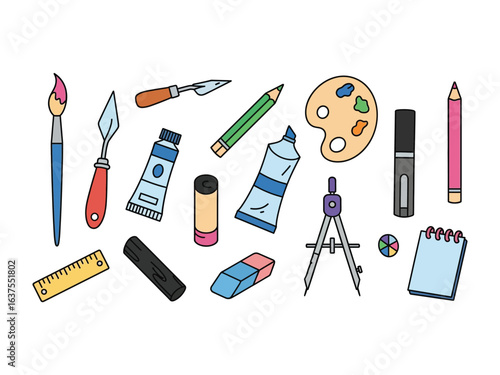 Art Supplies Collection: A vibrant and whimsical collection of artist's tools, featuring a paintbrush, palette knife, paint tubes, colored pencils, a compass, and more.