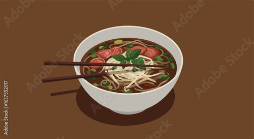 Bowl of soup with tomatoes, basil and chopsticks resting on side, brown background
