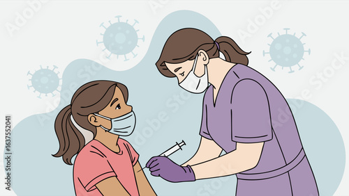 Nurse Administering Vaccine to Young Girl Wearing Mask.