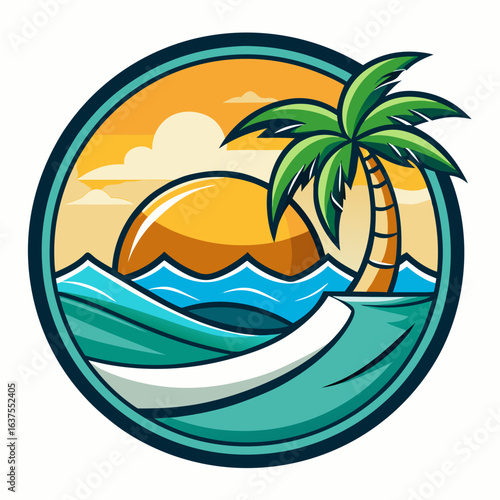 Vector art of stylized tropical beach scene with a single palm tree and dynamic ocean waves under a vibrant sunset