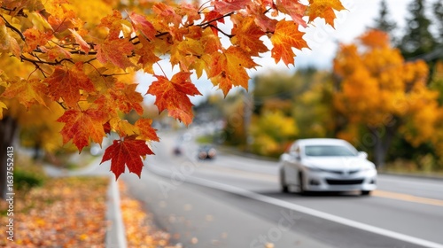Fototapeta Naklejka Na Ścianę i Meble -  Vibrant fall foliage hangs over a blurred road with cars, creating a scenic autumnal view.