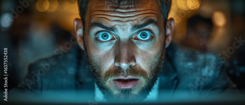Shocked Man Staring at Screen  Closeup Portrait