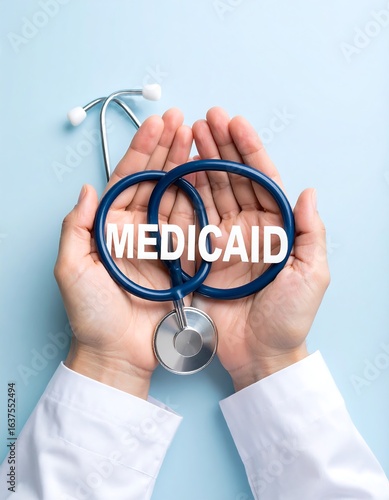 Doctor's hands holding a stethoscope with the word 