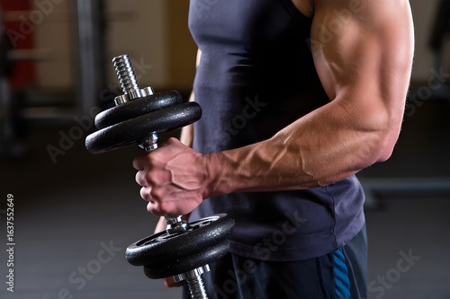 man lifting weights. body health. close up photo of body builder muscles