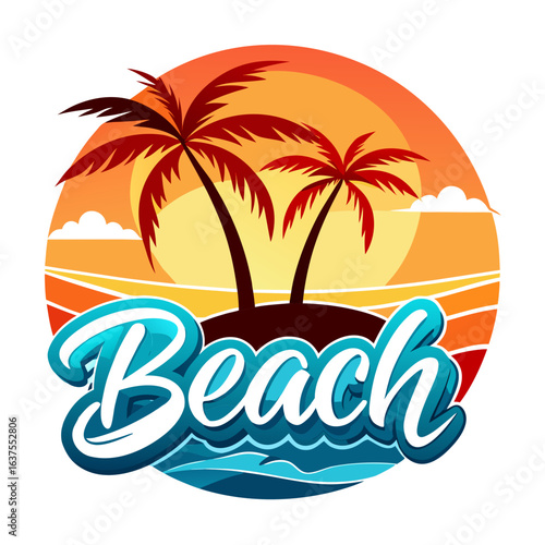 Vector art of stylized circular emblem showcasing two silhouetted palm trees on a small island against a vibrant sunset and ocean waves