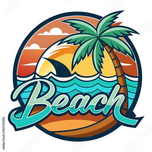 Vector art of vibrant circular logo featuring a stylized palm tree, crashing waves, and a colorful sunset, evoking a tropical beach vacation vibe