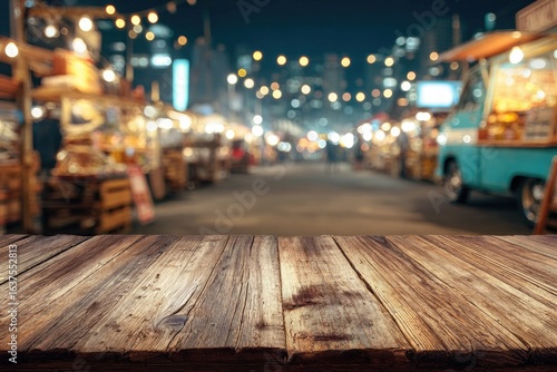 Empty wooden table at night market. Blurred city night market background