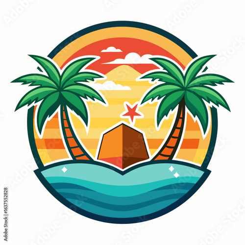 Vector art of circular graphic design with two palm trees framing a geometric structure on an island, set against a colorful sunset and ocean waves