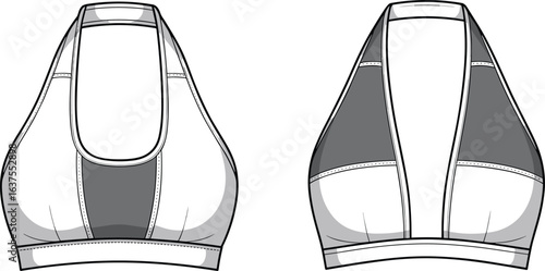 CAD drawing flat vector illustration of women's racerback sports bra with deep scoop back, front and back technical fashion design.