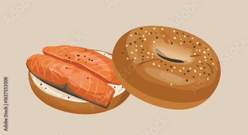 Delicious bagel sliced with salmon and cream cheese, and another beside it