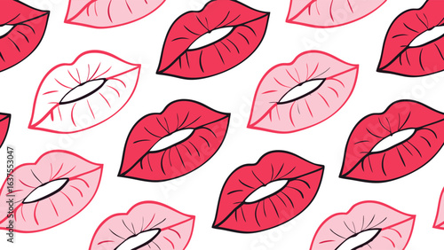 Repeating Pattern of Red and Pink Lips on White Background.