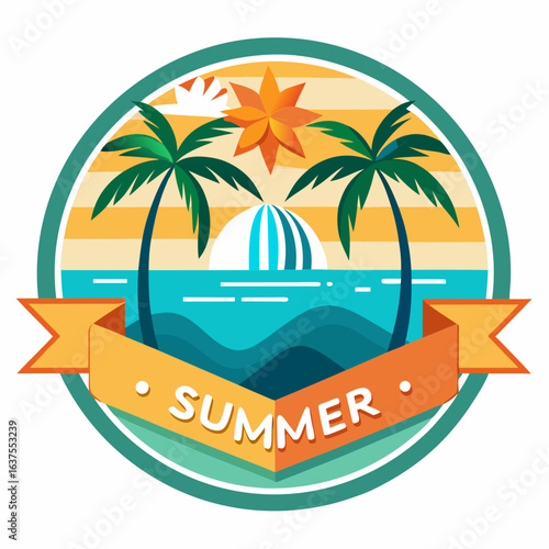 Vector art of vibrant summer illustration with palm trees, ocean waves, and a banner proclaiming summer, perfect for vacation and travel themes