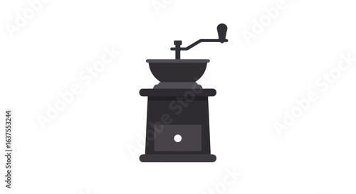 Dark gray coffee grinder with handle, chamber, and drawer on a white background