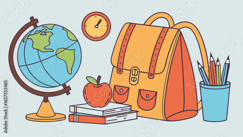 School Supplies Globe Backpack Apple Books Clock and Pencils.