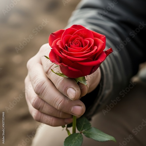 Man's Hand Offering a Single Red Rose, Close-Up, Love Gesture