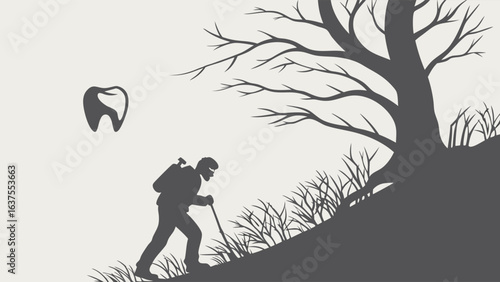 Silhouette of a hiker on a hill with a tooth symbol.