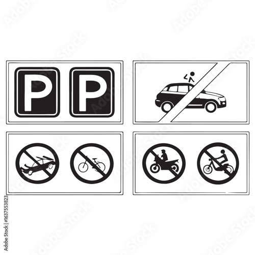 parking sign set. car, motorcycle, bicycle parking symbol. no parking icon collection. vector illustration on transparent background.