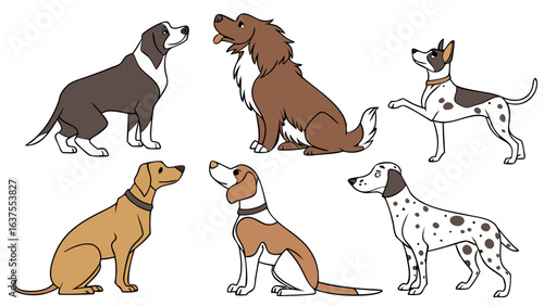 Six Cartoon Dogs of Various Breeds in Different Poses.