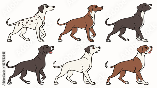 Six Cartoon Dogs in Various Colors and Poses Walking.