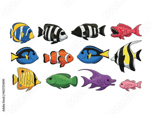 Colorful Underwater Collection: A vibrant array of illustrated fish swims in an aquatic dream, showcasing their diverse patterns and shapes. This design is ideal for marine life lovers.