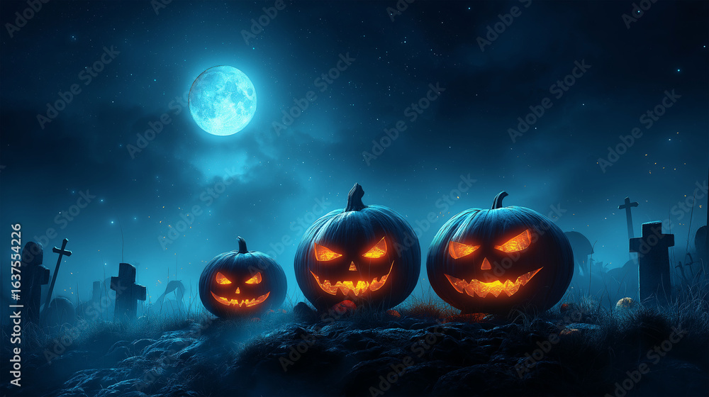 Naklejka premium Halloween Night Pumpkins: In the moonlit ambiance of Halloween night, three carved pumpkins with glowing faces illuminate a spooky cemetery scene.